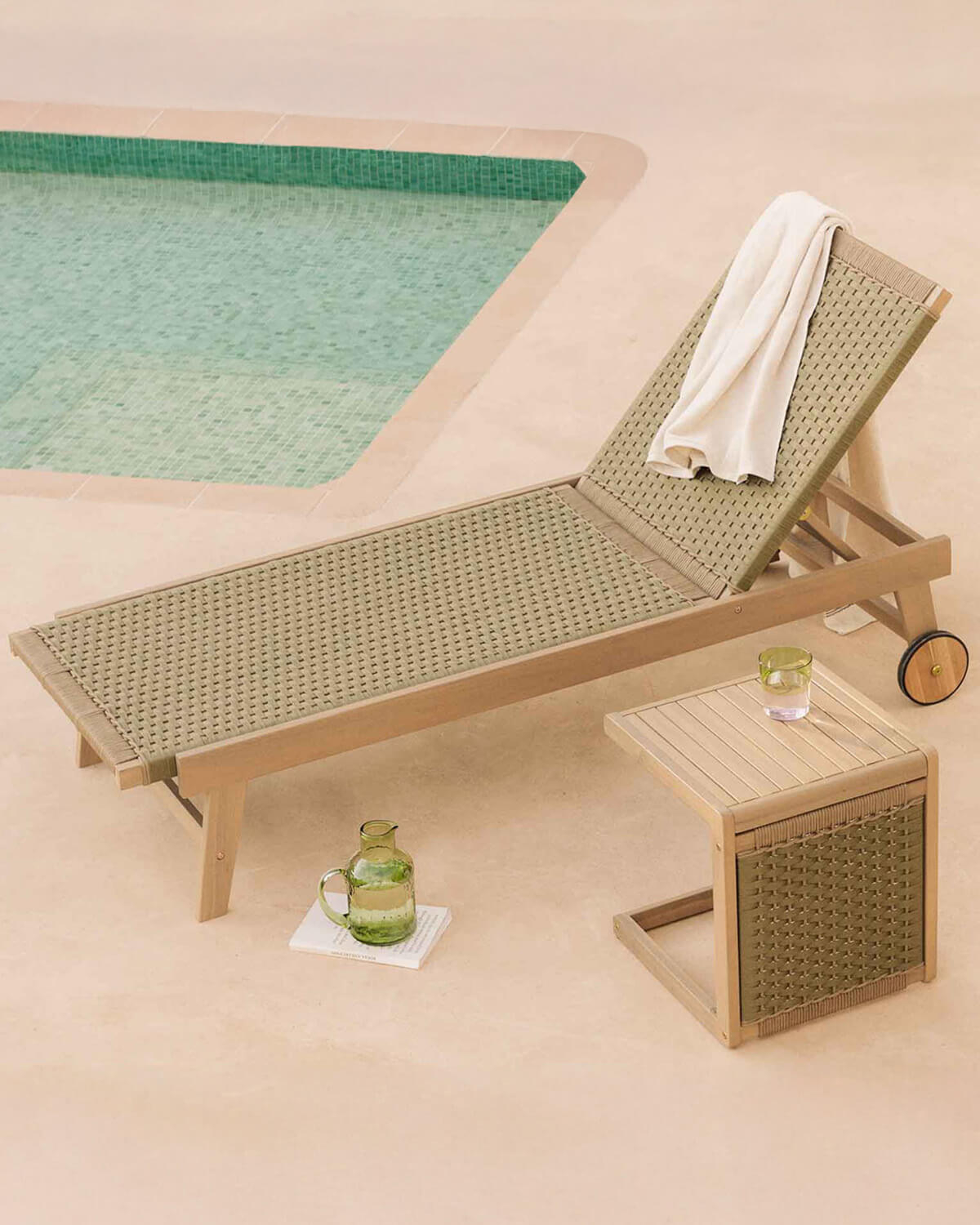 Mirle - Set de Tumbona y Mesa Auxiliar de Madera de Acacia y Cuerda (40x40 cm) Mirle