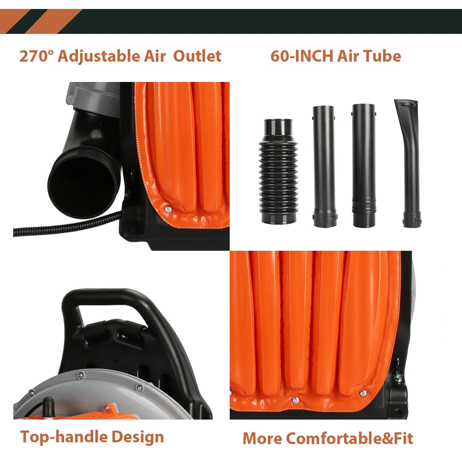 63CC Leaf Blower, 2-Stroke Backpack Gas Powered Leaf Blower, Snow Blower Leaf Blower for Dust, Snow Debris,Yard(Orange) - Image 7