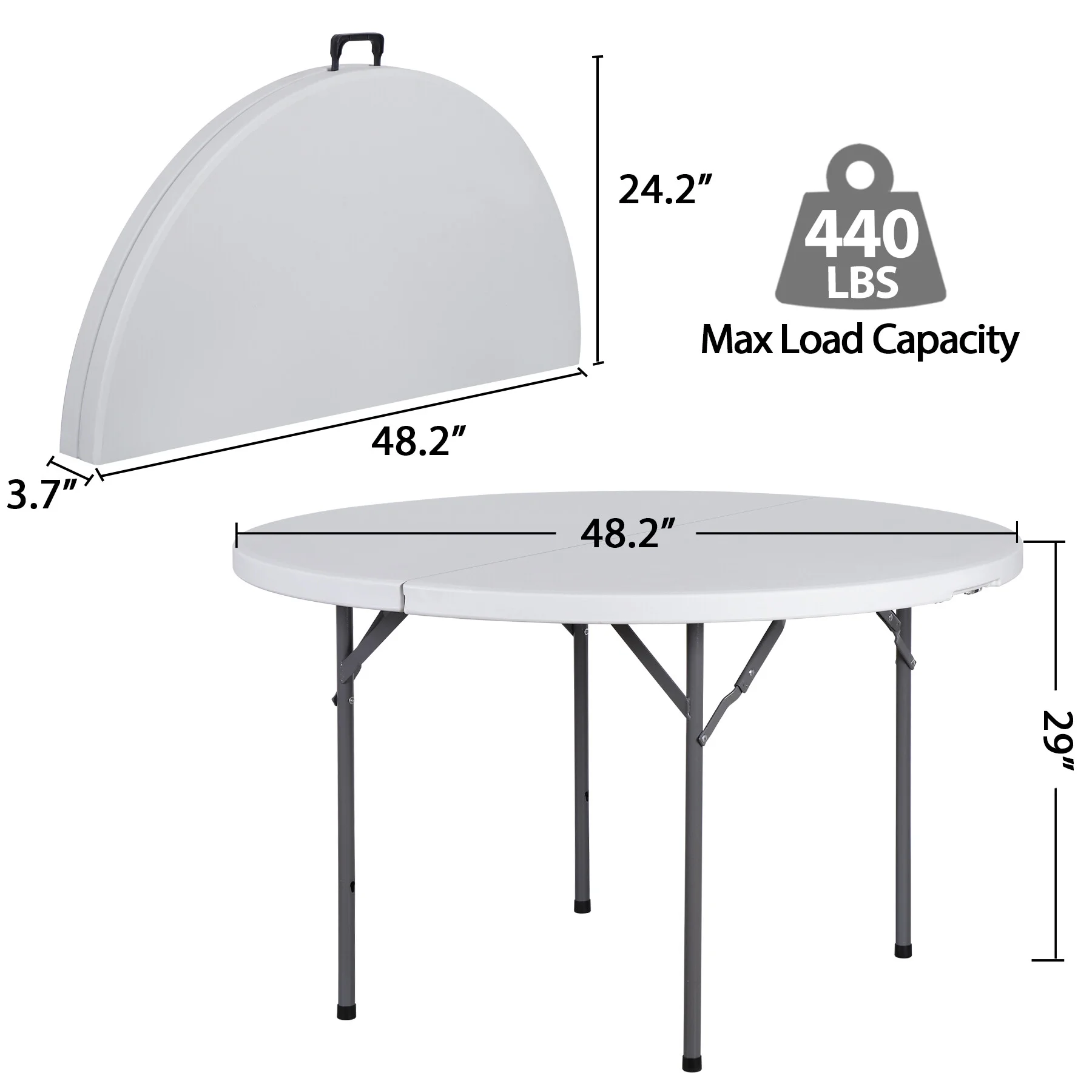 48" Round Bi-Folding Plastic Table Metal Legs Portable Dining Table with Handle Indoor Outdoor, White - Image 8