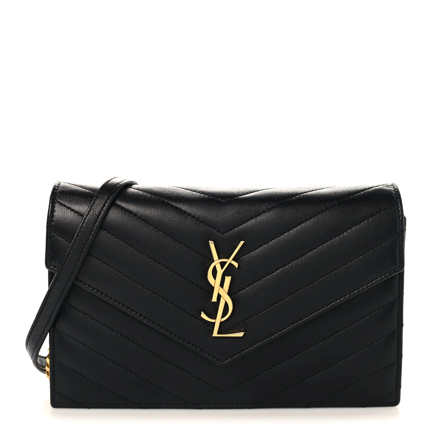 Calfskin Matelasse Chevron Monogram Envelope Chain Wallet Black