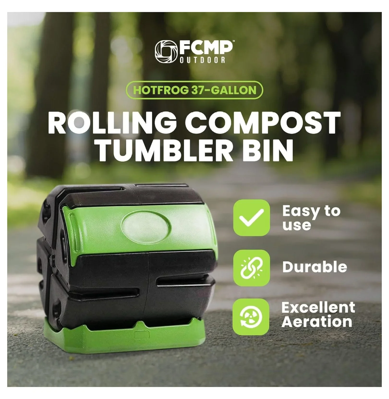 TriGol HOTFROG Rolling 37-Gallon Single Chamber Batch Tumbling Composter - Outdoor Rotating Garden Compost Bin, Black & Green