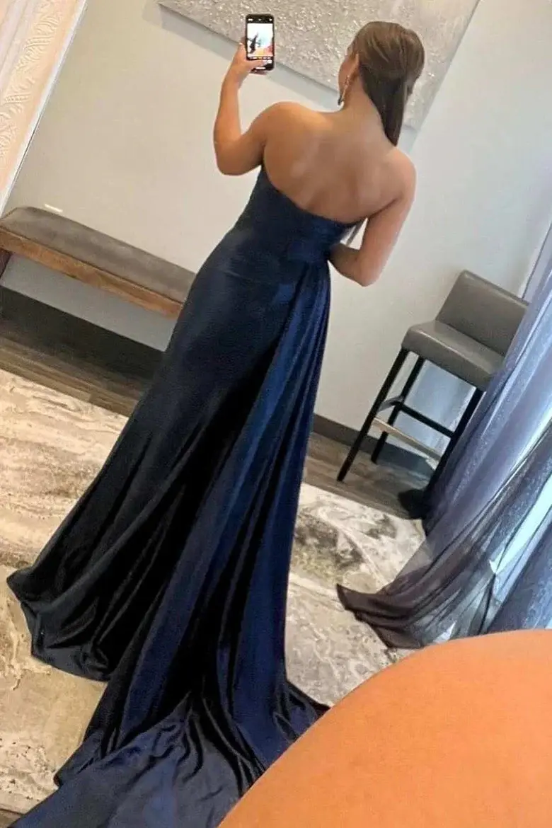 Navy Blue Sweetheart Sheath Long Prom Dress with Slit Evening Party Dresses DM1897