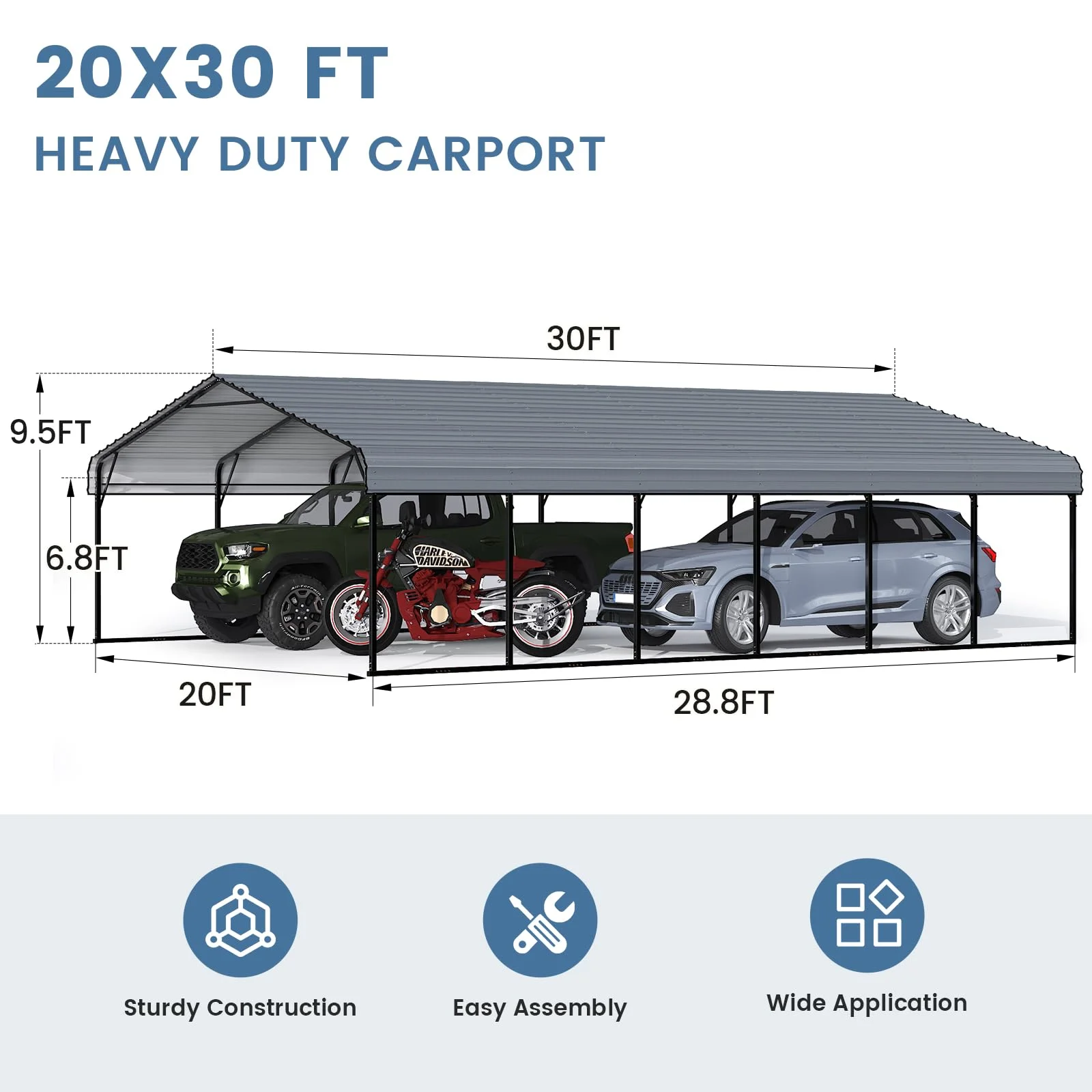 20x20ft Heavy Duty Carport, Steel Carport with Galvanized Steel Roof and Frame, Portable Garage for 2 Cars, Rv, Tractors and Boat, Gray(20' x 20') - Image 9