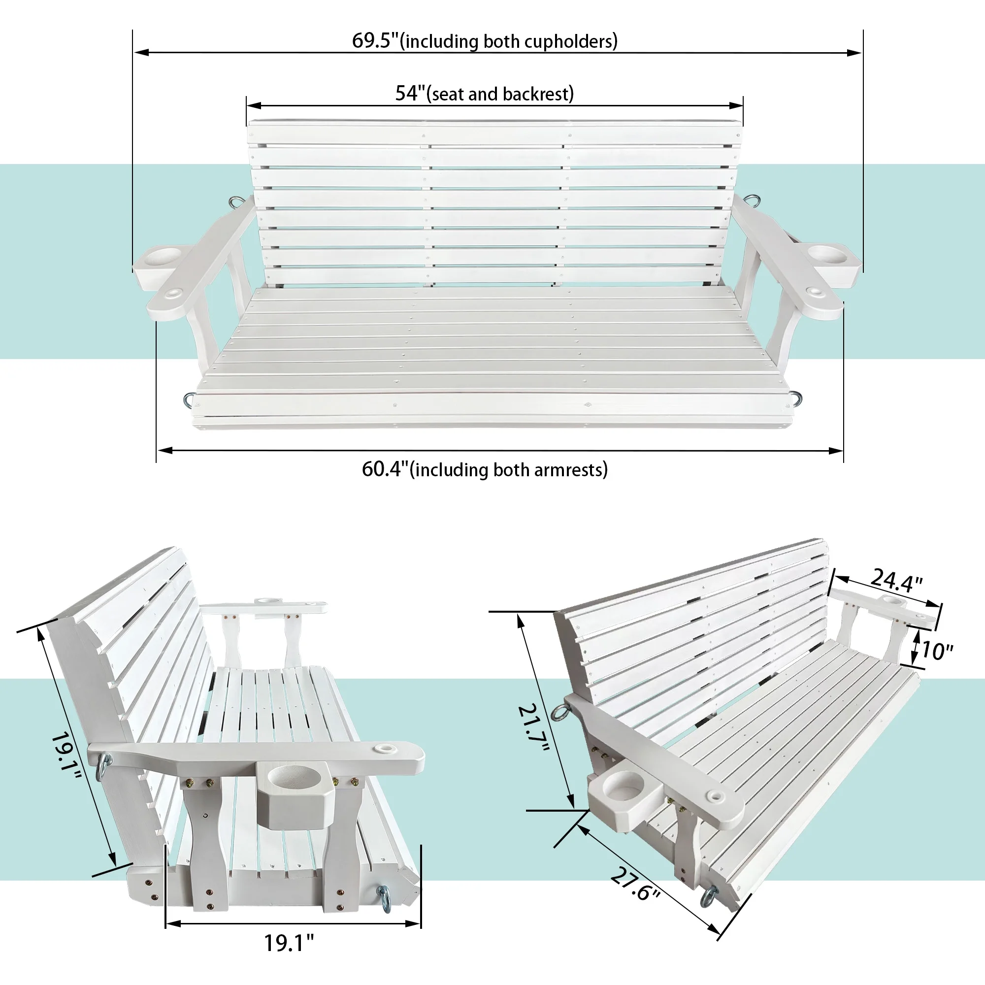 5 Ft Outdoor Wooden Porch Swing with Cupholders, Heavy Duty 880 LBS For 3 Person,All-Weather resistant, White(White/3-Person) - Image 4
