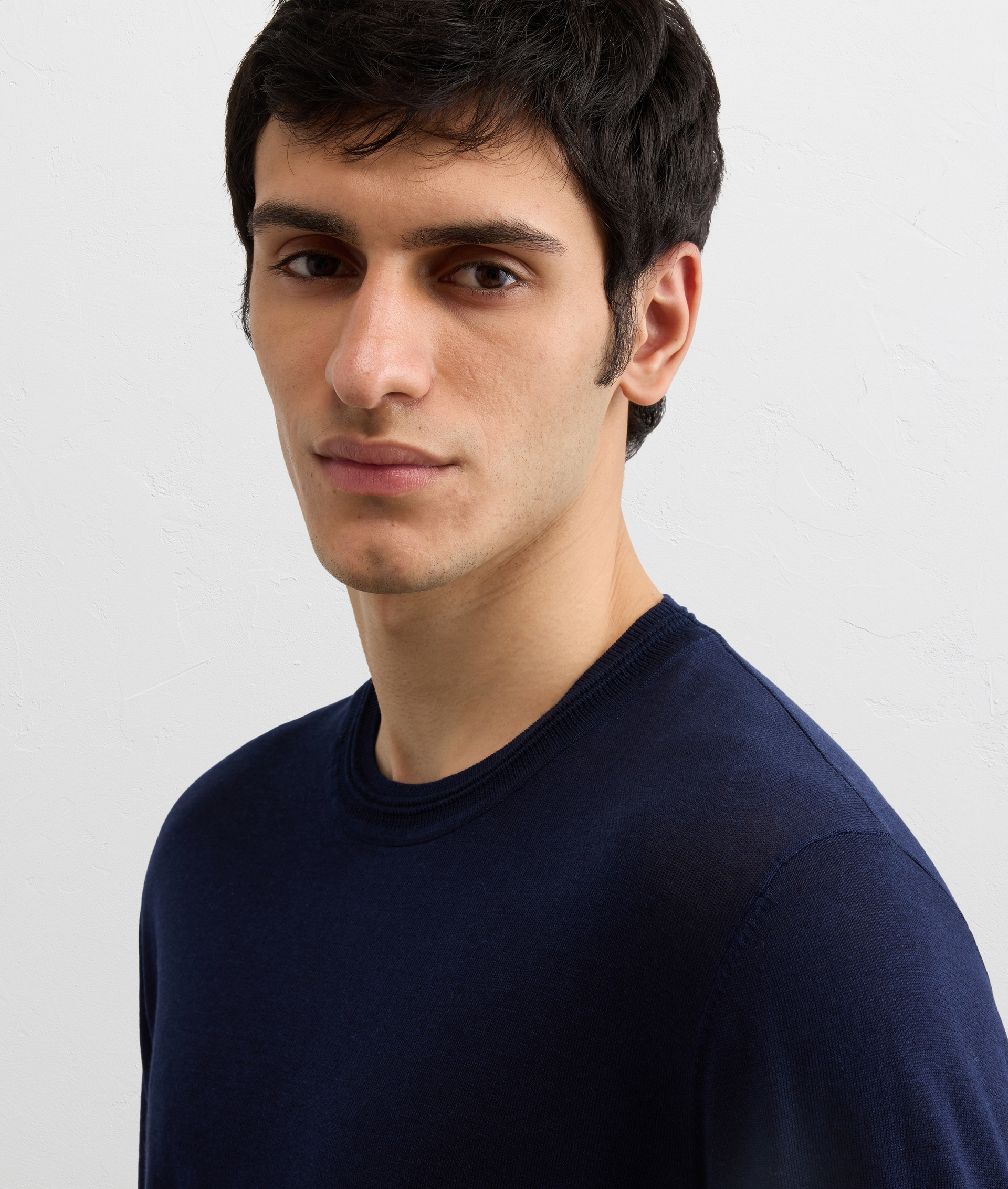 NAVY BLUE COTTON AND SILK LYOCELL JERSEY KNIT T SHIRT