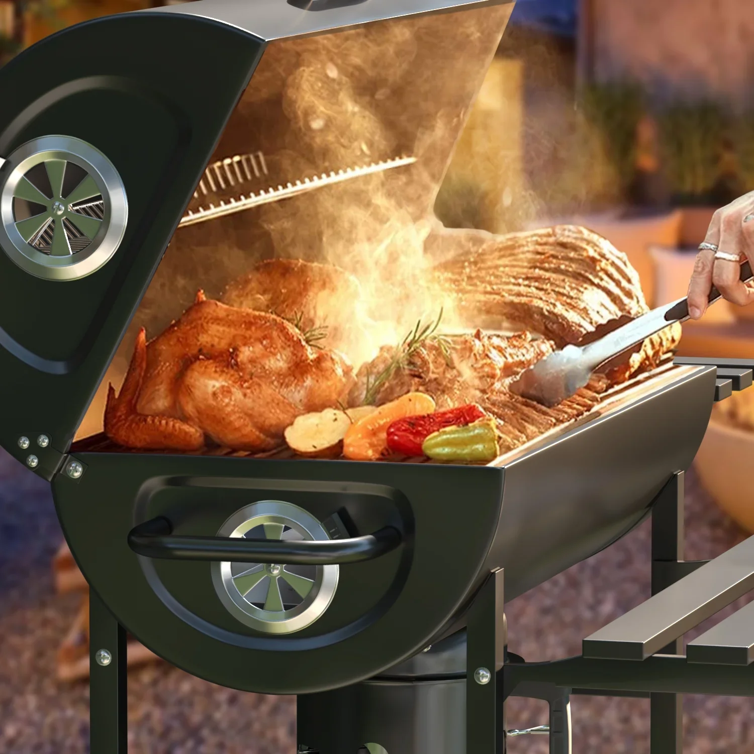 29�� Barrel Outdoor Charcoal Grill with Side Shelf and Wheels, Black