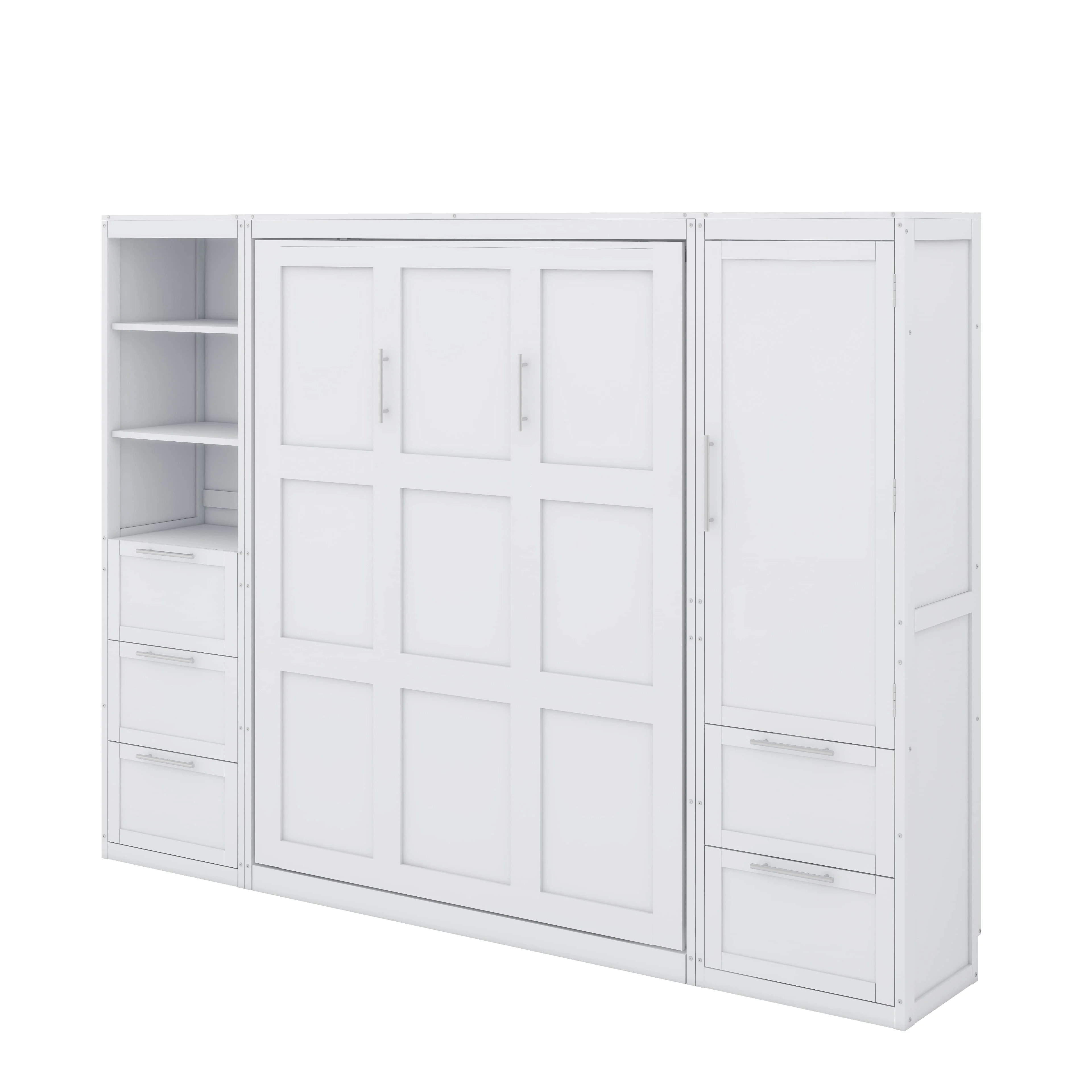 Queen Size Gray Murphy Bed Wall Bed with Closet,Drawers and Shelves(White) - Image 9