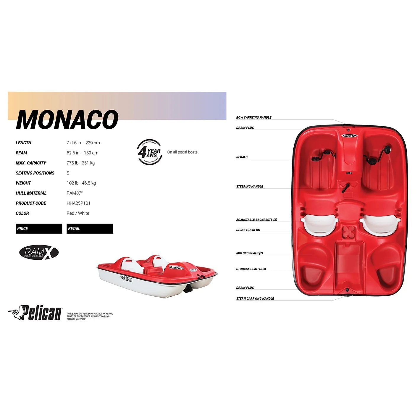 PEDAL BOAT MONACO Adjustable 5 Seat Pedal Boat, Red/White - Image 7