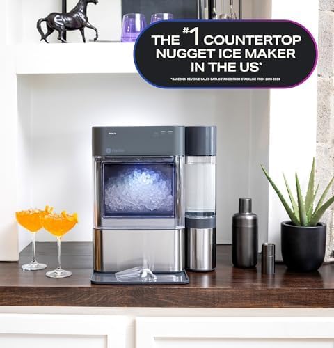 Machine à glaçons GE Profile Opal 2.0 XL avec réservoir de 3,8 litres, glaçons en pépites croquants et faciles à mâcher, pelle incluse, 17 kg en 24 heures, avec Wi-Fi et fonctionnalités intelligentes, en acier inoxydable.