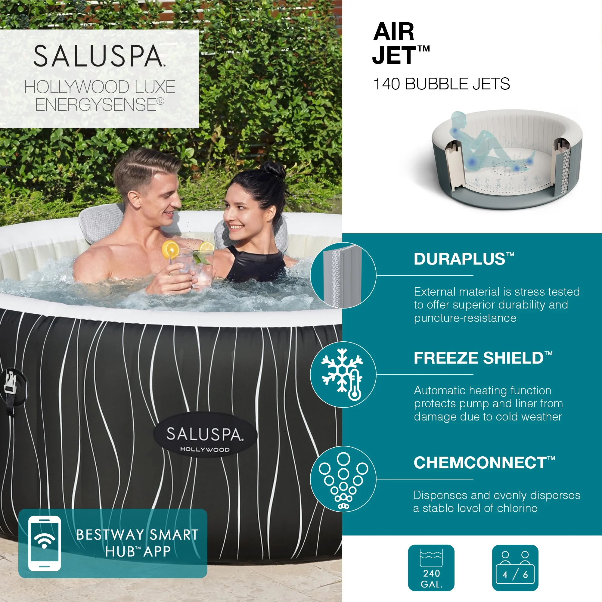 SaluSpa Hollywood Luxe AirJet Inflatable Hot Tub w/ Pump #P08411(Black Print) - Image 3