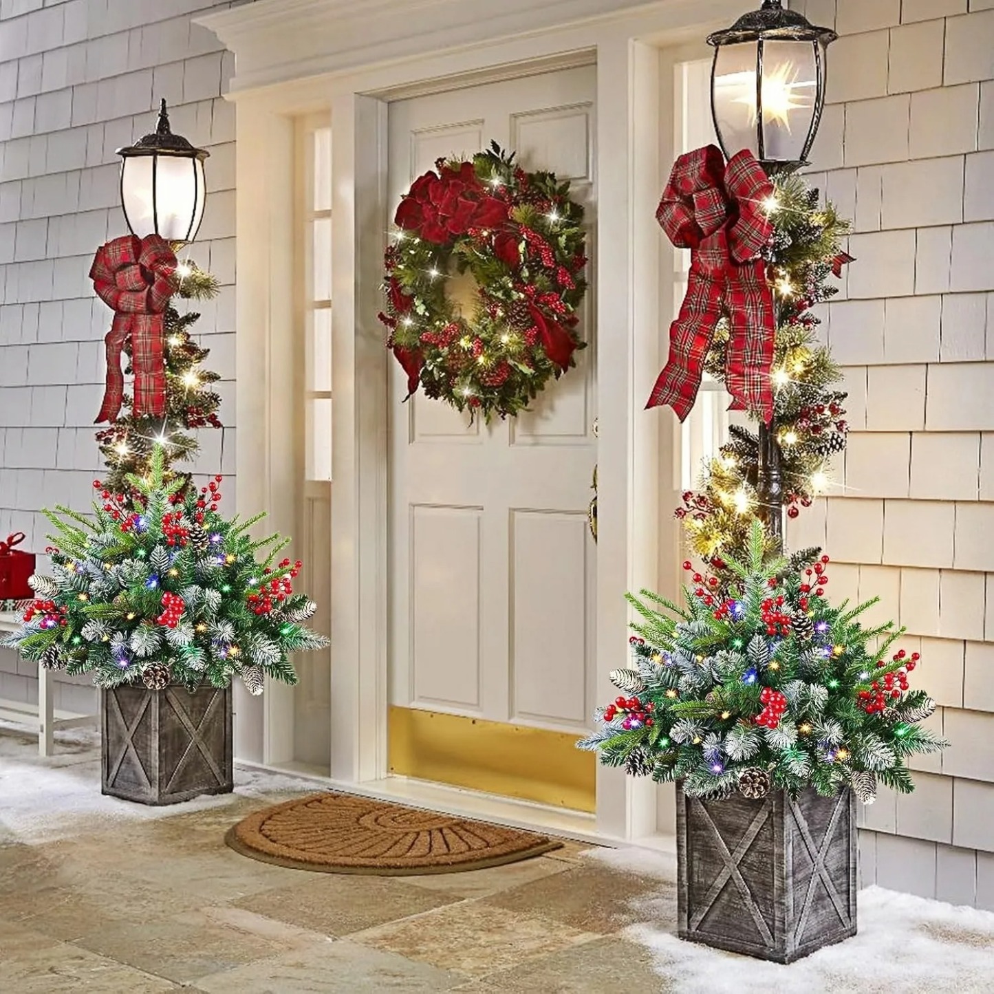 Pre-lit Artificial Christmas Tree Urn Filler with Remote & Timer - UV Resistant, Waterproof, Windproof & Snow-Resistant