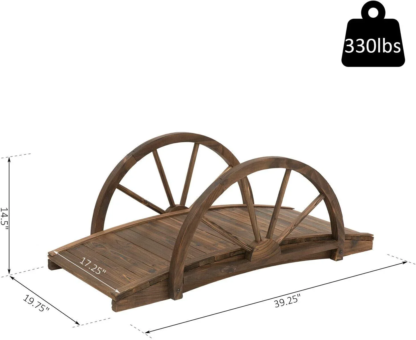 Outdoor Garden Bridge Load Weights 330 lbs.3.3 Ft, Solid Fir Wood Arc Stained Finish Footbridge Walkway with Half Wheeled Railings Decorative Pond Backyard