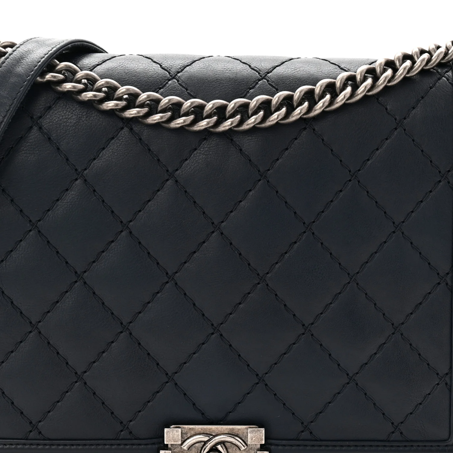Calfskin Double Stitch Large Boy Flap Navy Blue