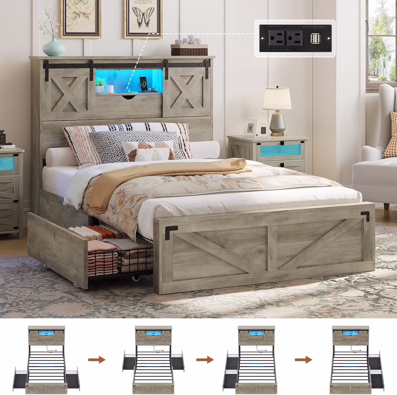 Twin XL Size Bed Frame with Headboard and Drawers, Farmhouse Twin XL Platform Bed Frame with LED Lights and Charging Station, No Box Spring Needed,Gray(Twin-XL)
