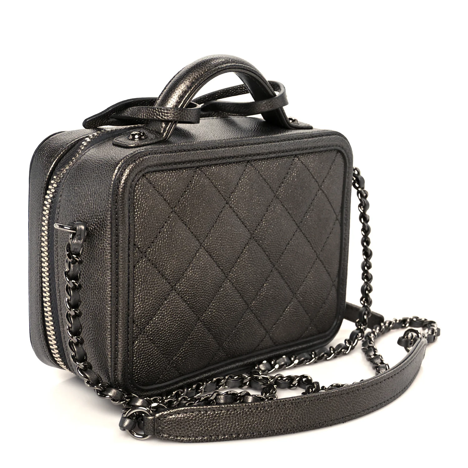 Metallic Caviar Quilted Small CC Filigree Vanity Case Dark Silver