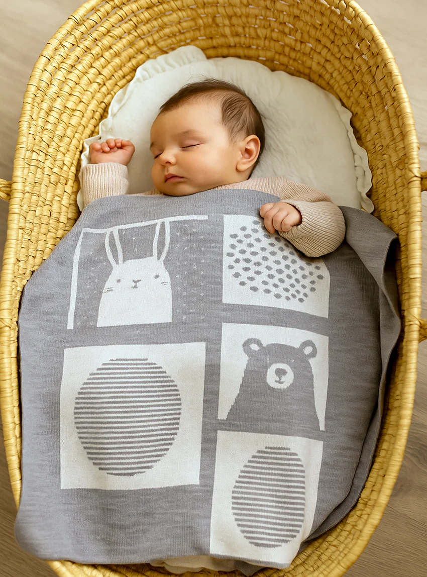 Plaid bébé laine mérinos motif animaux gris métal
