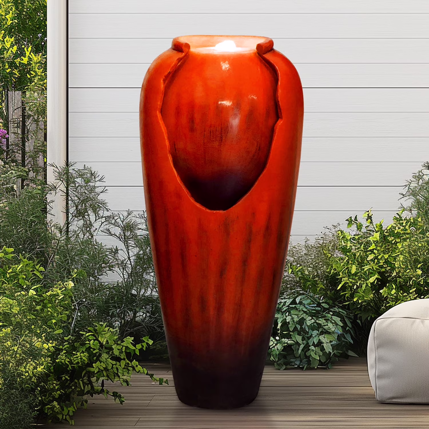 ourrco 30.7H Concrete Vase Water Fountain, Modern Cascading Waterfall Feature with LED Lighting and Pump, Perfect for Indoor or Outdoor Home and Garden Decor, Red