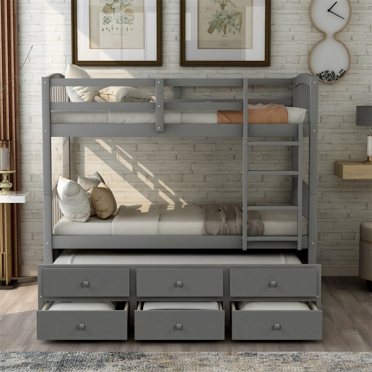 Twin - Over - Twin Bunk Bed with 3 Storage Drawers, Twin Bunk Bed Frame with Ladder & Safety Rail, Pinewood Trundle Bunk Bed for Teen Bedroom, Guest Room Furniture, Can Be Convertible to 2 Beds, Gray
