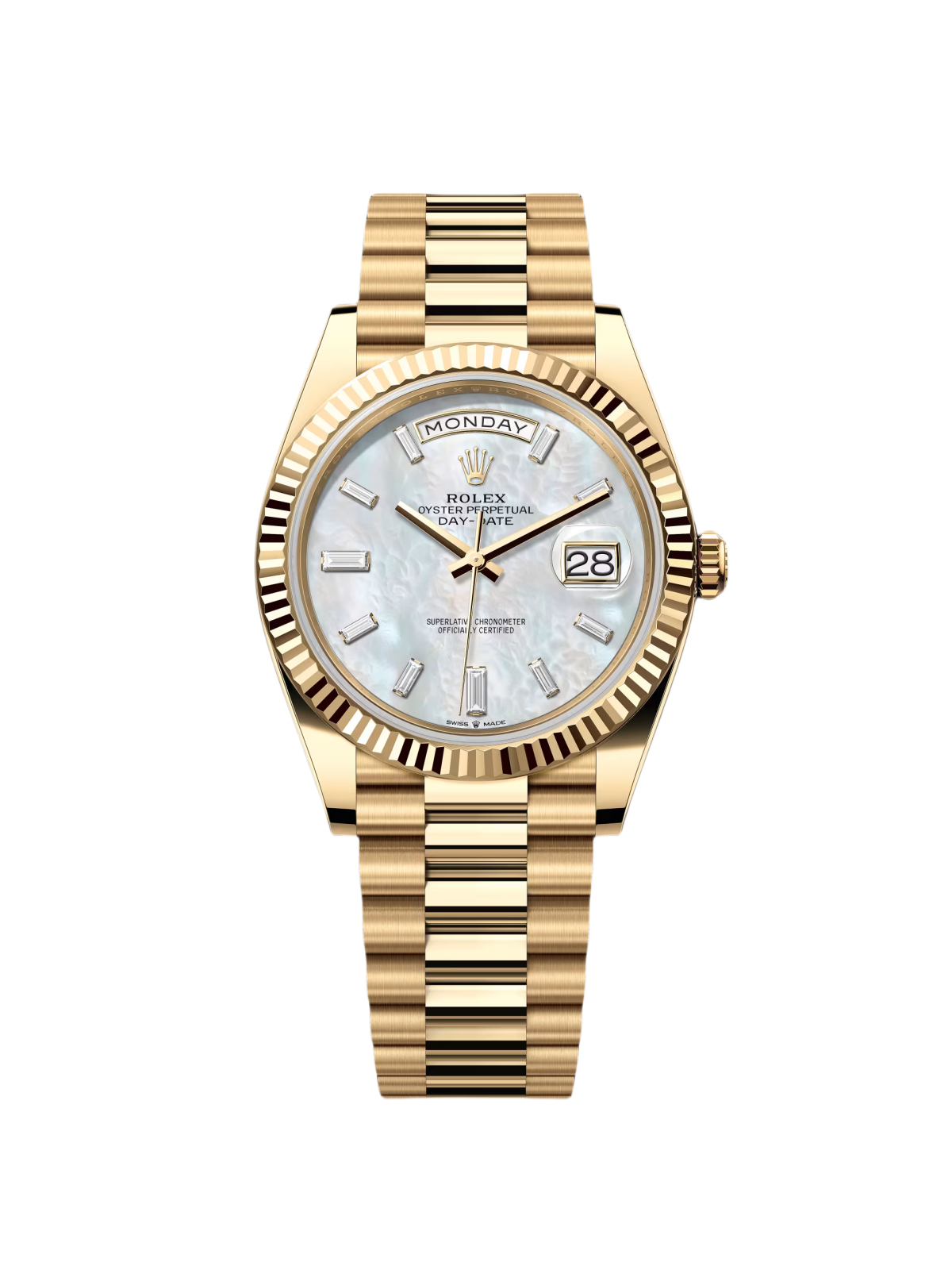 [Super Clone]RLX Day-Date 40mm Yellow Gold President  Mother of Pearl Diamond Baguette Dial - 228238