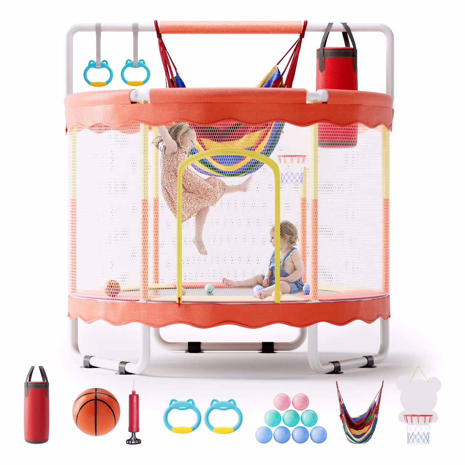 60" Toddler Trampoline Mini Trampoline for Kids with Enclosure Net 5FT Mini Trampoline with Swing Sandbag Basketball Hoop for Kids, Boys Girls,440Lbs Pink(Pink) - Image 5