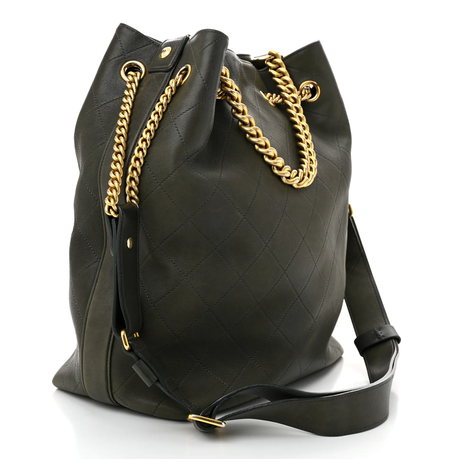 Calfskin Quilted Small On My Shoulder Drawstring Bag Dark Green
