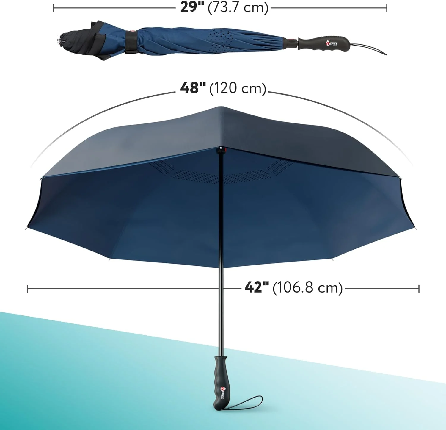 Umbrella with Sturdy Shaft, 8 Reinforced Ribs, Teflon Coating, Black-Navy Blue Inverted Umbrella Compact, Windproof Upside Down Umbrella for Women, Men, Inside Out Umbrella