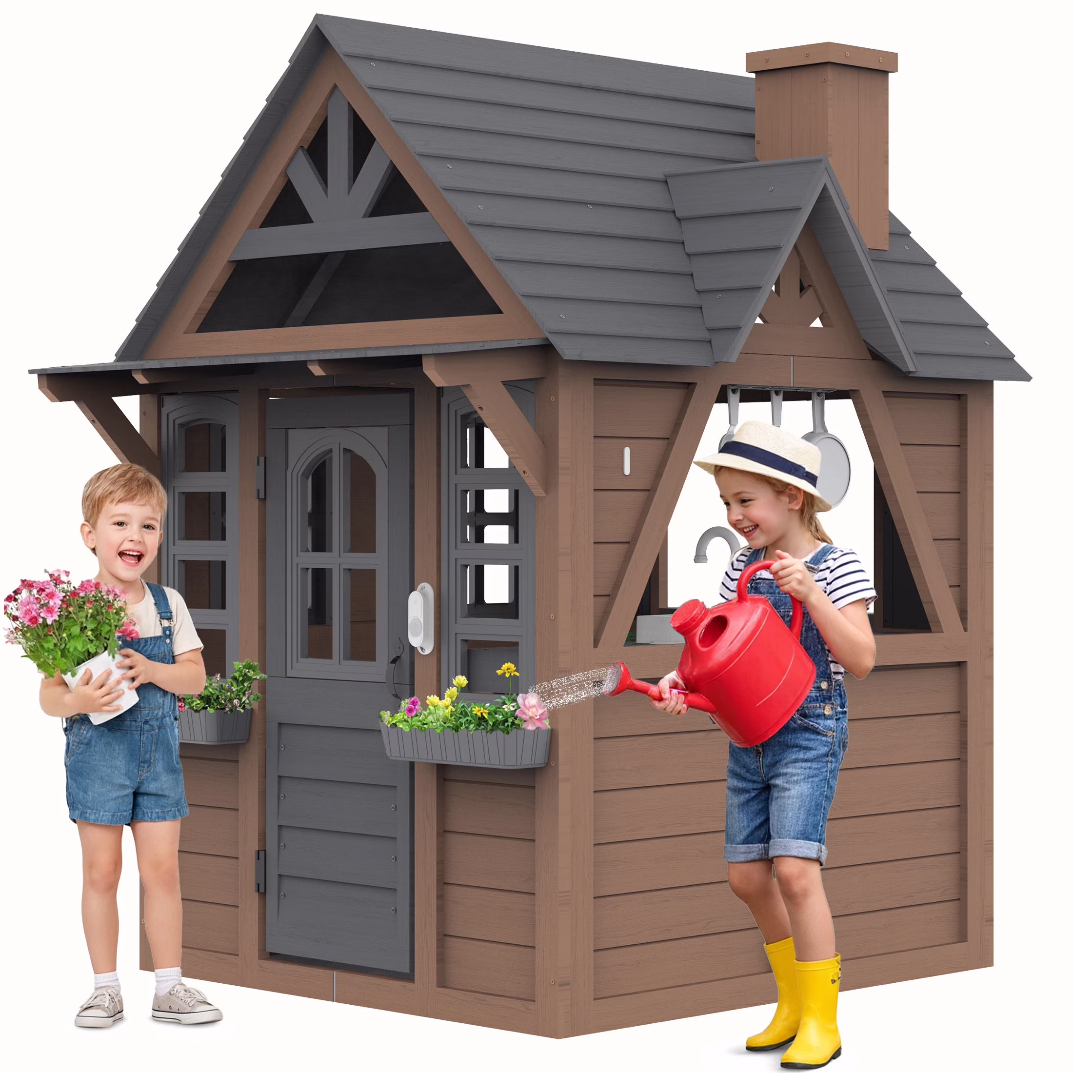 Outdoor Playhouse for Kids Ages 4-8, Wooden Play House with Doorbell, Phone, Kitchen Toys, Outdoor Kids Play Equipment, Casa Para Ni?as (45��L x 65��H), White Black(Black+White) - Image 5