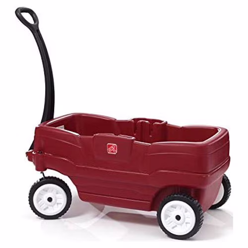 Red Plastic Two-Seater Toddler Wagon with Safety Belts and Storage for Ages 18 Mo to 5 Yrs(Red)