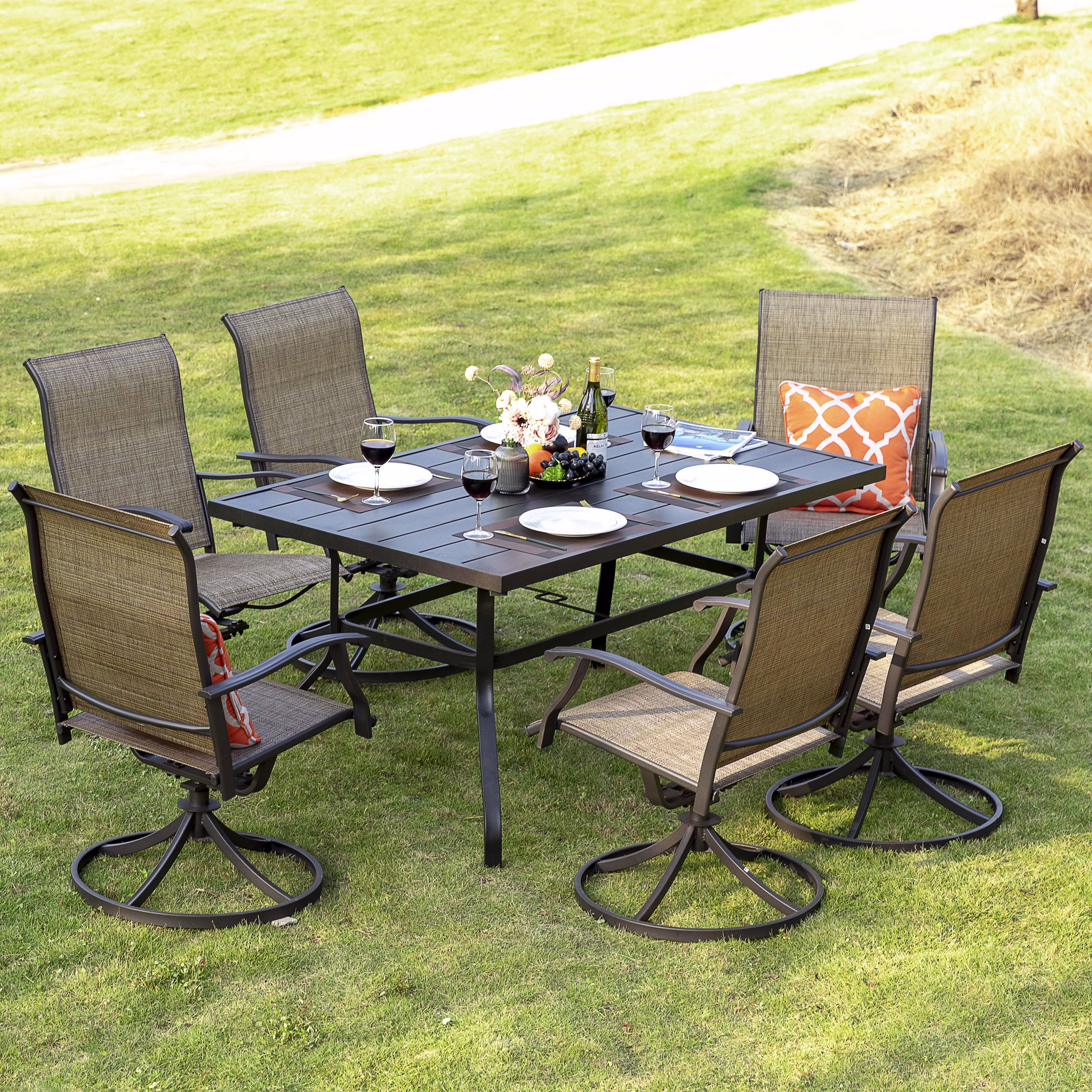 5 Piece Outdoor Patio Dining Set, Metal Patio Furniture Set 4 Textilene Swivel Chairs and 37" Square Iron Umbrella Dining Table,Black and Brown(4 Seats-37" Square Table) - Image 3