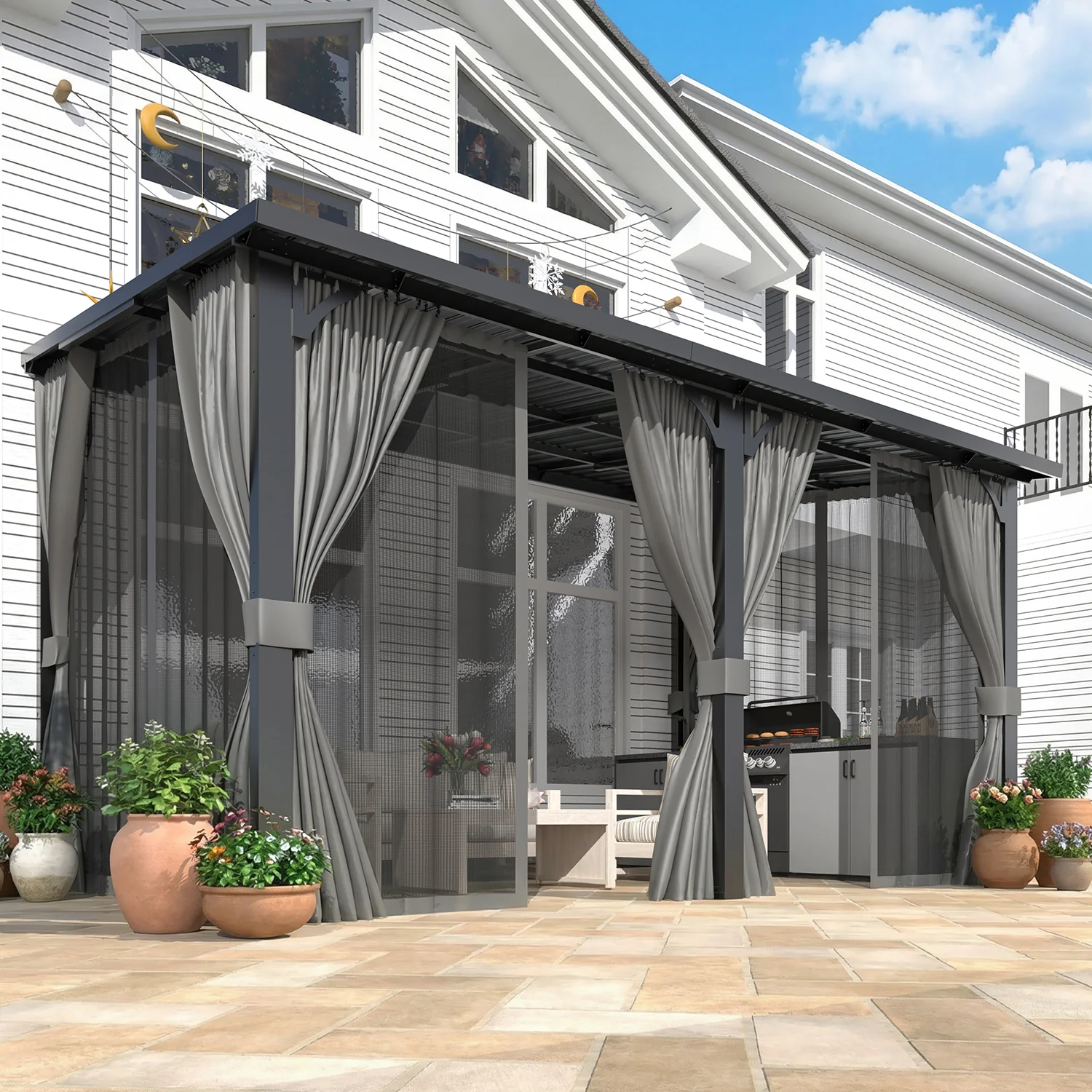 AECOJOY 14'x8' Outdoor Hardtop Metal Gazebo with Curtain and Netting