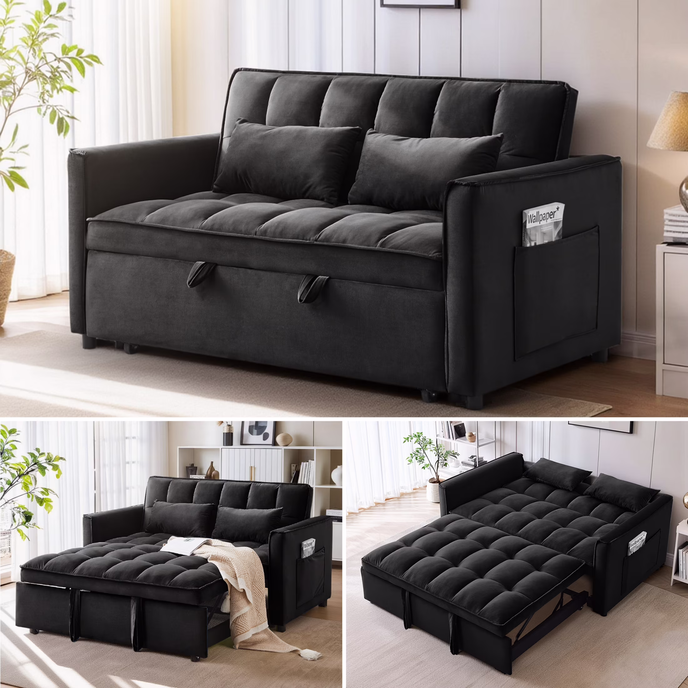 Convertible Sofa Bed, 3 in 1 Pull Out Sleeper Loveseat Couch with Storage, Black(Black)