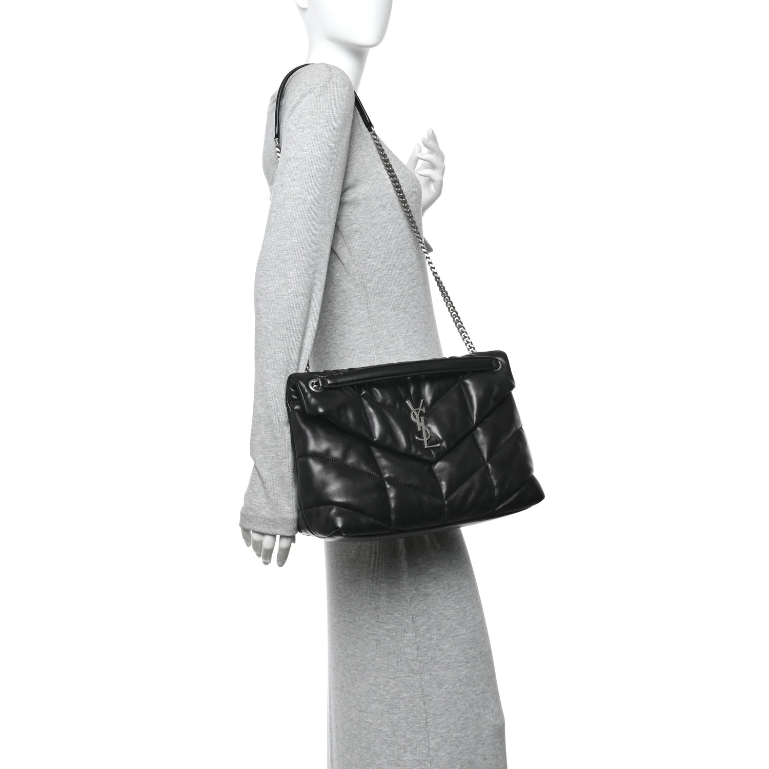 Lambskin Quilted Medium Loulou Puffer Monogram Chain Satchel Black