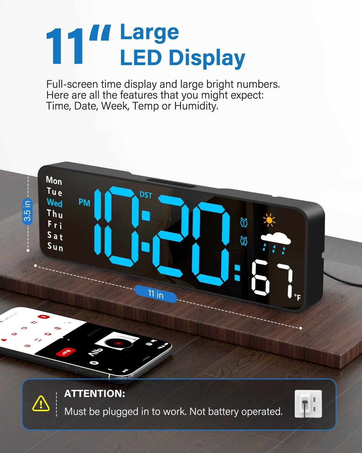 Digital Wall Clock, Digital Clock with Large Display and Remote Control, Corded LED Alarm Clocks with Date, Week, Temperature, Humidity, Auto DST, Countdown, for Living Room, Bedroom, Classroom, Office (Blue)