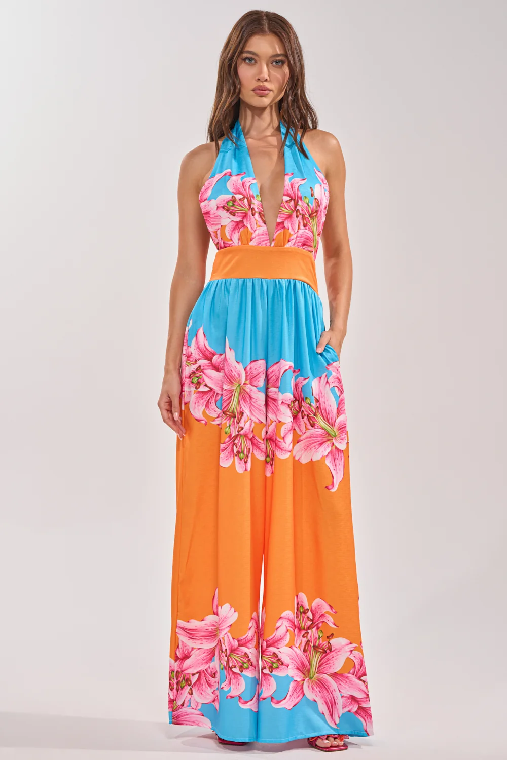 ON VACA TIME HALTER FLORAL PRINT JUMPSUIT - Akira Store