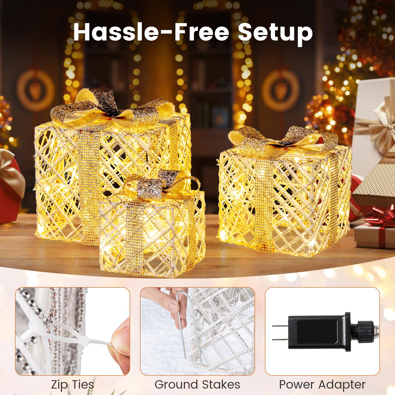 Tangkukla 3 Pack Christmas Lighted Gift Box, Pre-Lit Festive Boxes w/ 50 LED Lights