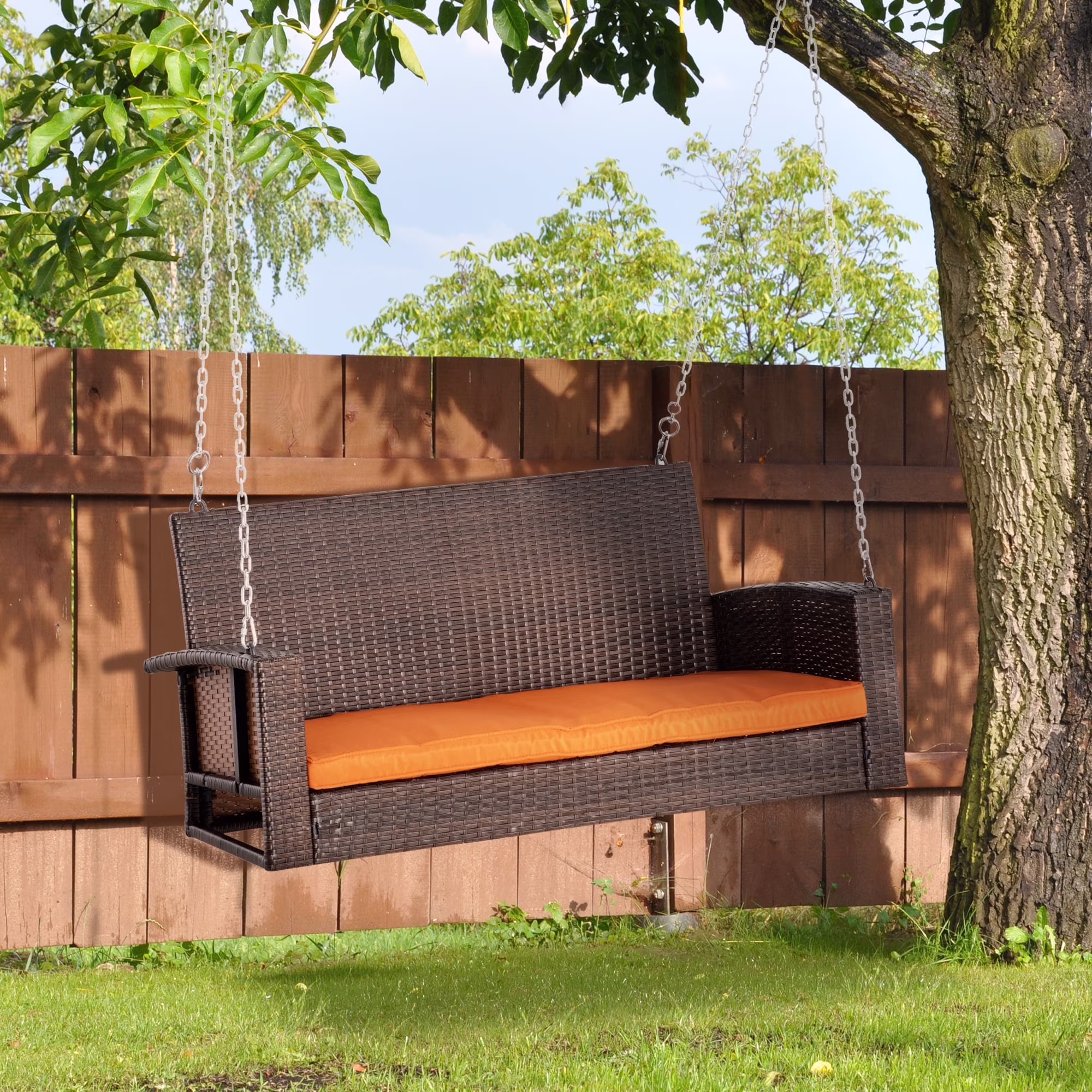 Outsunny 2 Person Wicker Hanging Swing Bench, Front Porch Swing Outdoor Chair with Cushions 550 lbs. Weight Capacity for Backyard, Garden, Cream White