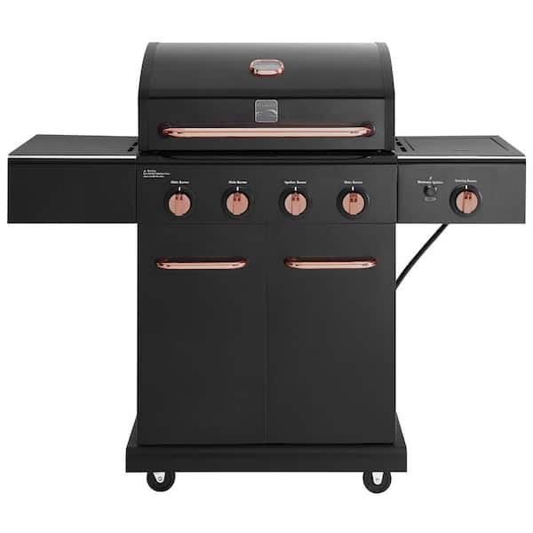 4 Burner Propane Gas Grill with Side Searing Burner in Black with Copper Accent