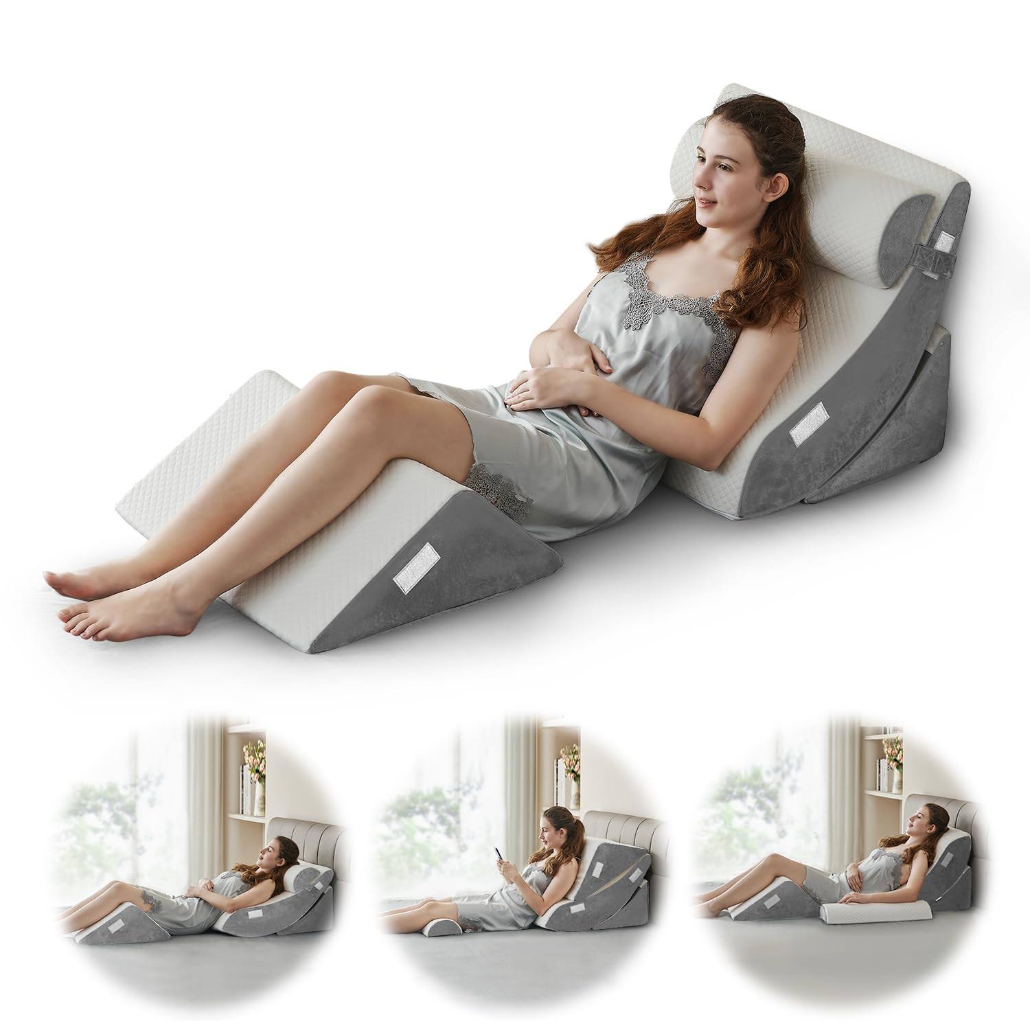 4pcs Orthopedic Bed Wedge Pillow Set �C Post Surgery, Relaxing, Back & Adjustable Head Support Cushion �C Triangle Memory Foam Pillow for Acid Reflux,