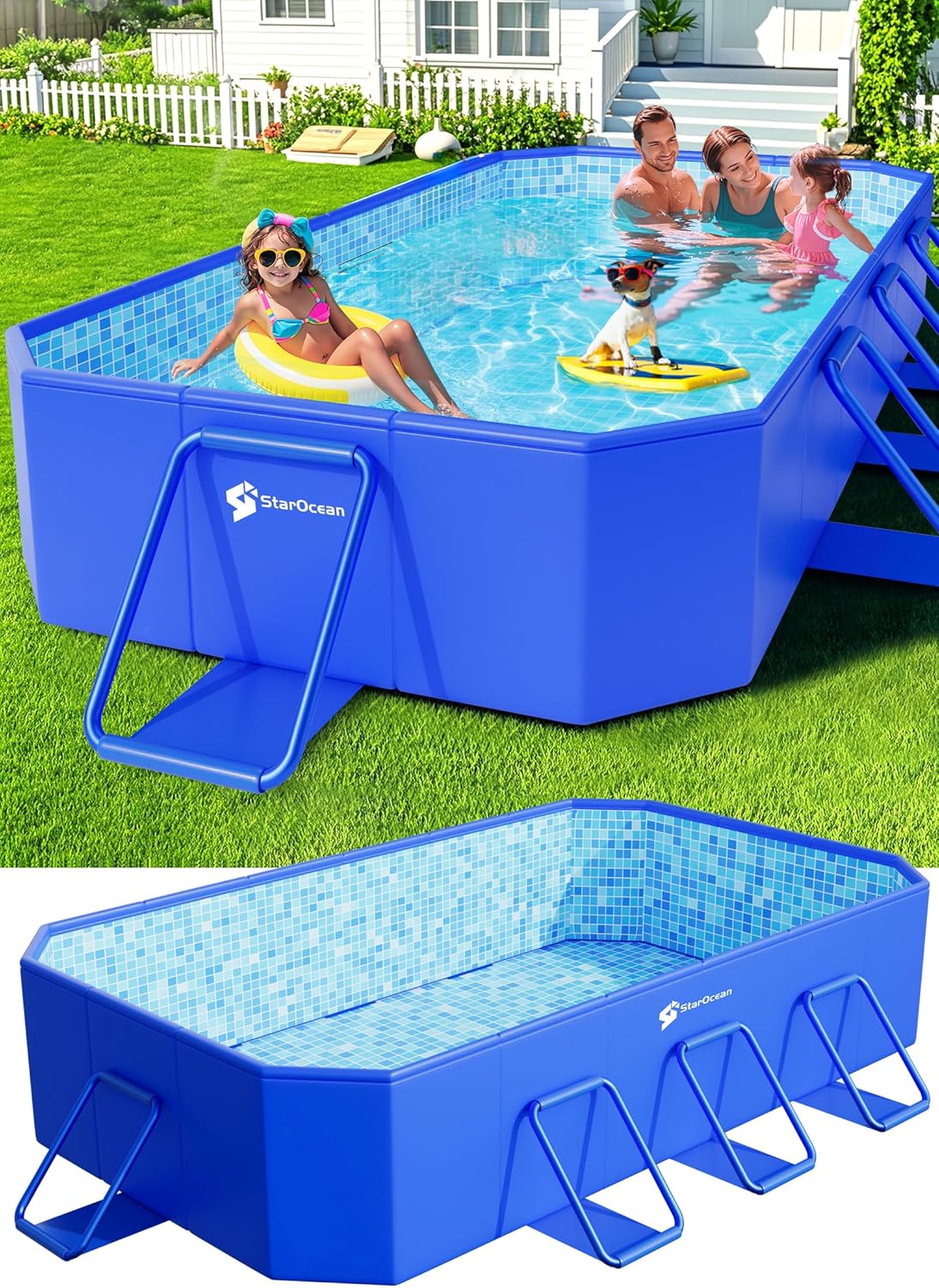 Piscine pliable, grande piscine non gonflable pour enfants, piscine pliable pour adultes, coque rigide en plastique épais, grande taille, piscine pliable portable pour enfants pour jardin - Motif mosaïque - 226 x 122 x 51 cm