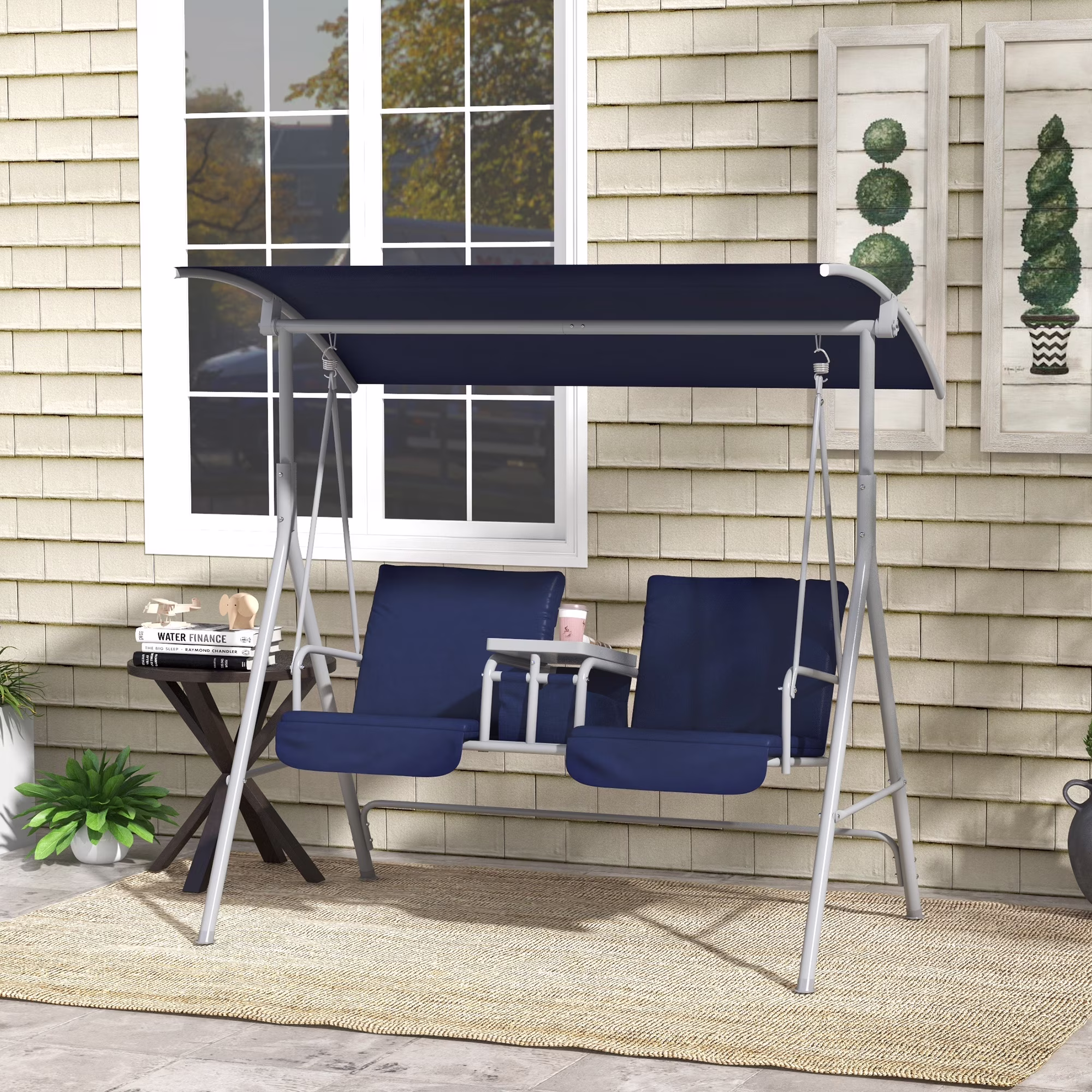 2 Person Porch Swing with Stand, Outdoor Swing with Canopy, Pivot Storage Table, 2 Cup Holders, Cushions for Patio, Backyard, Dark Blue(Dark Blue)