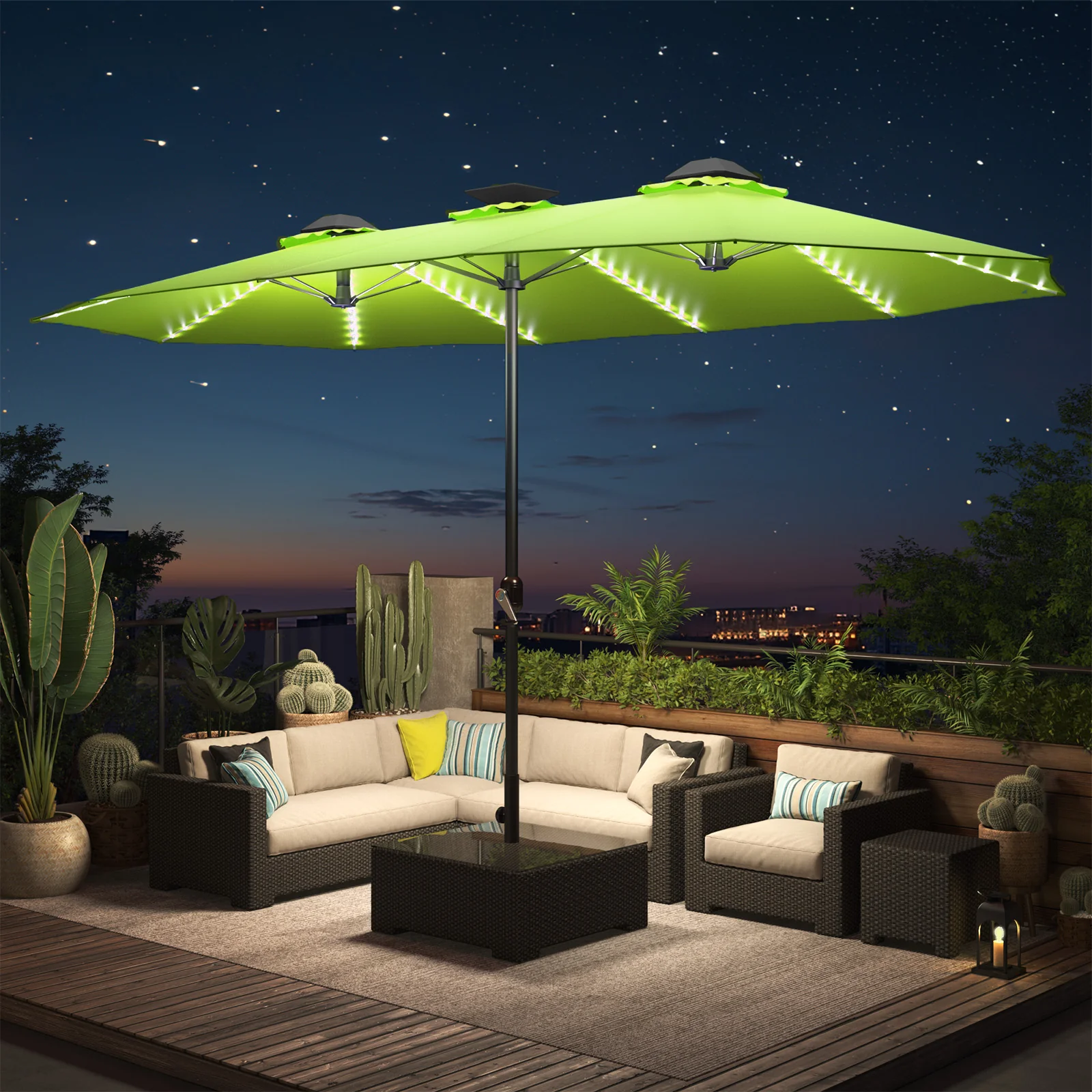 AECOJOY 15ft Patio Double-Sided Umbrella, 156 PCS Solar LED Light Outdoor Large Umbrella, Green