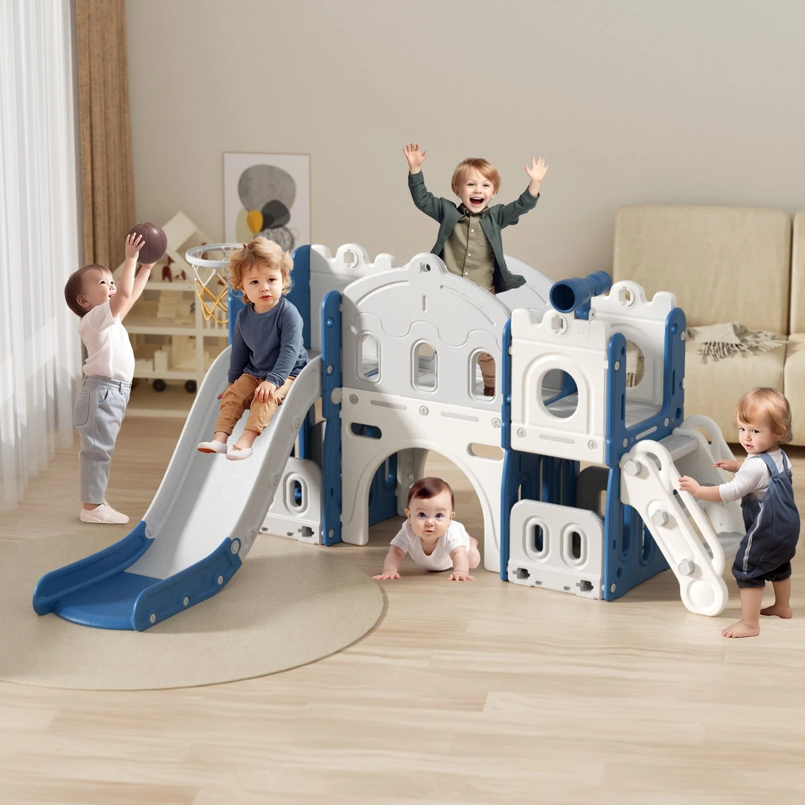 8 in 1 Toddler Slide Climber, Slide Set Playground for Kids, Slide Toddlers Climber and Slide Set with Basketball Hoop and Ball, Slide for Toddlers Age 12 Month +(Blue)