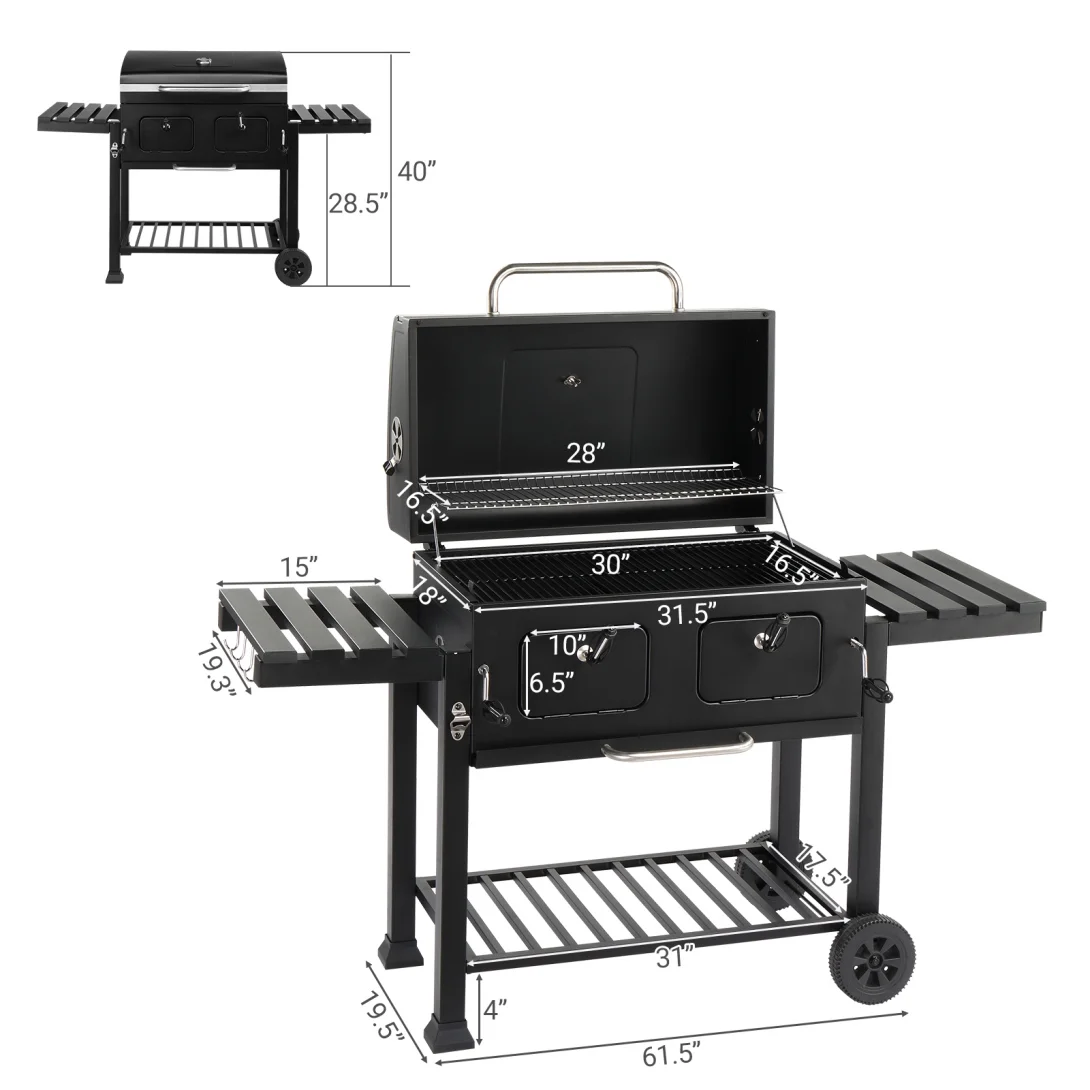 Charcoal Grill Outdoor BBQ Grill, Extra Large Cooking Fits up to 30 Burgers at Once, 2 Individual & Adjustable Charcoal Tray, Foldable Side Tables, for Outdoor Cooking Backyard Camping Picnics