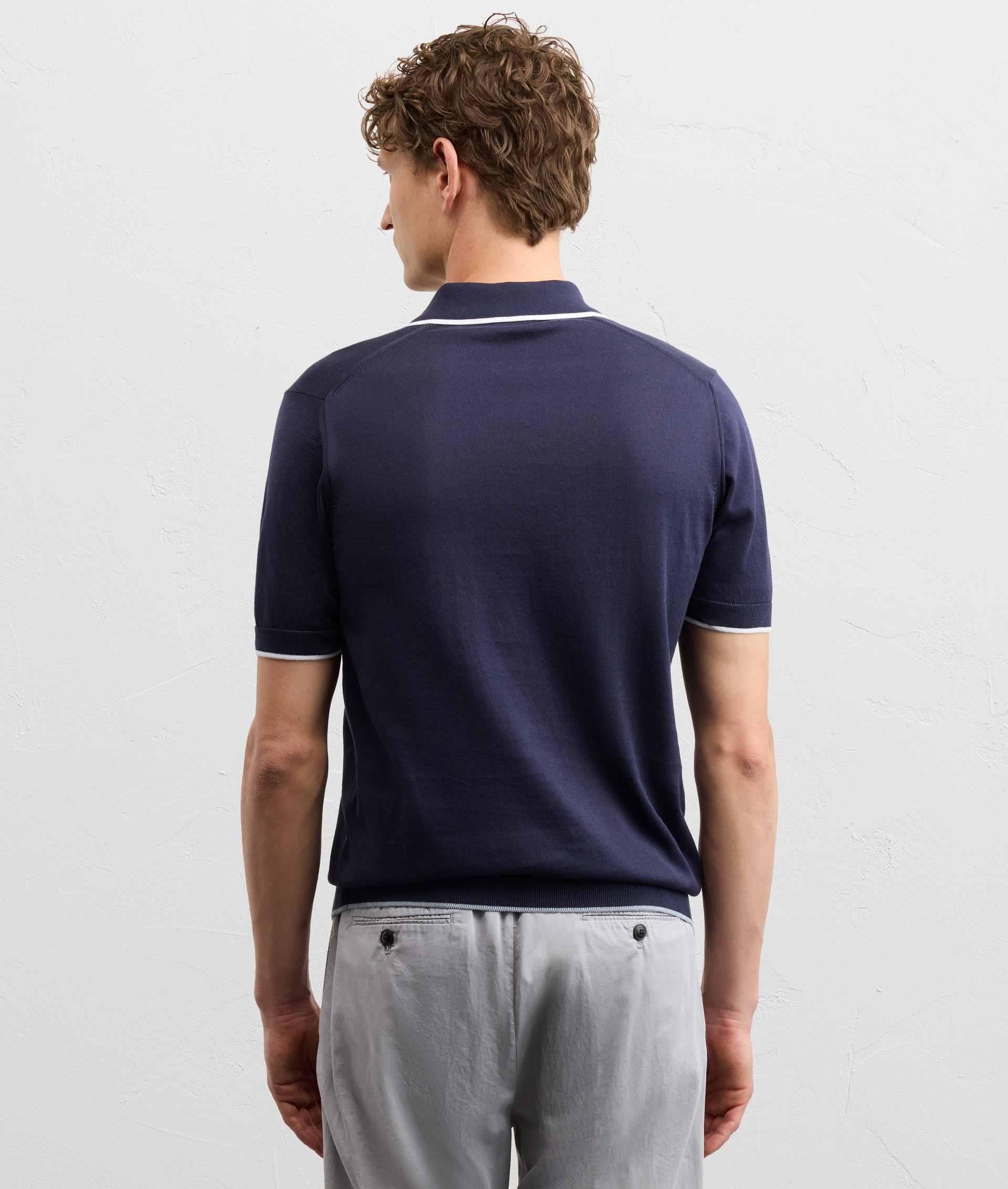 NAVY BLUE COTTON KNIT SHORT SLEEVED POLO SHIRT WITH INTARSIA DETAILS