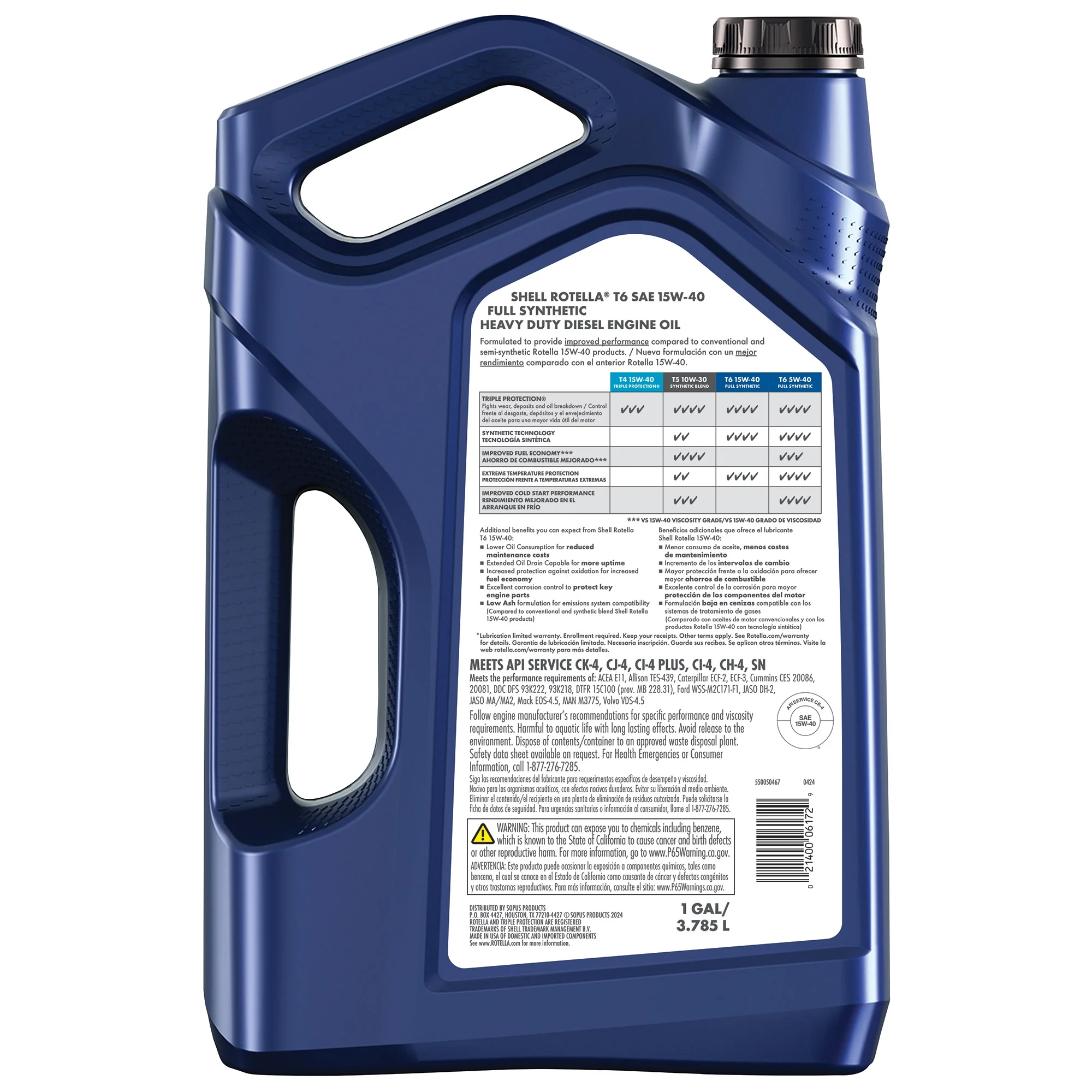 (3 pack) Rotella T6 Full Synthetic 15W-40 Motor Oil, 1 Gallon (3 Pack) - Image 2