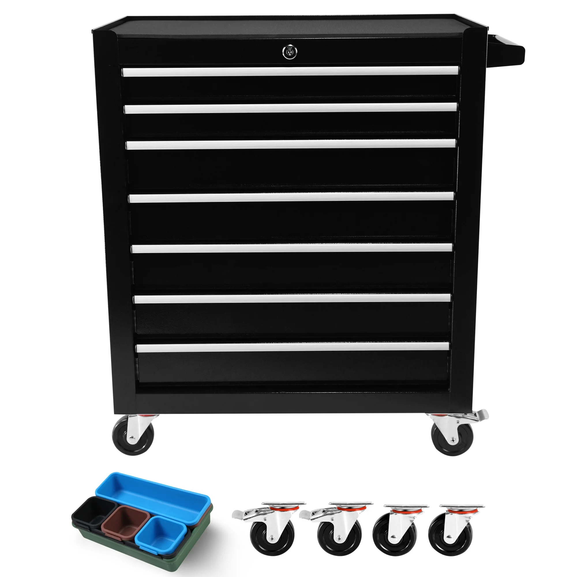 7 Drawer Tool Chest with Wheels,Metal Locking Rolling Tool Box with Tool Organizer Trays for Tool Storage Organizer,Portable Standing Mechanic Toolbox for Garage,30 Inch Tall Tool Cabinet(Black) - Image 3
