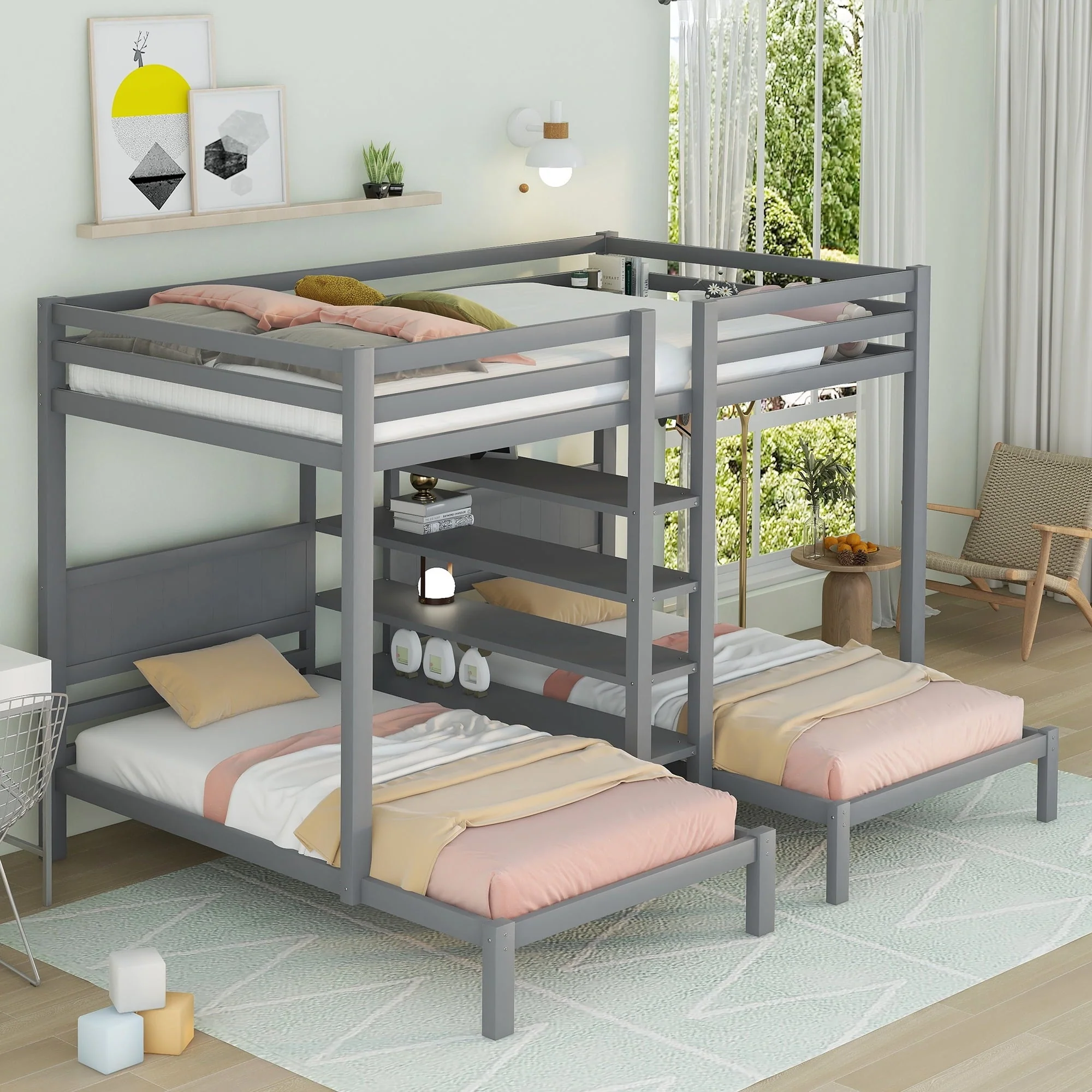 EUROCO Full XL over Twin  Twin Bunk Bed with Shelf for Kids, Gray