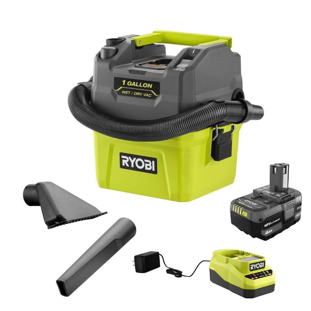 Ryobi One+ 18V Cordless 1 gal. Wet/Dry Vacuum Kit with 4.0Ah Battery, Charger, and 1-1/4 in. Crevice Tool and Utility Nozzle, Greens