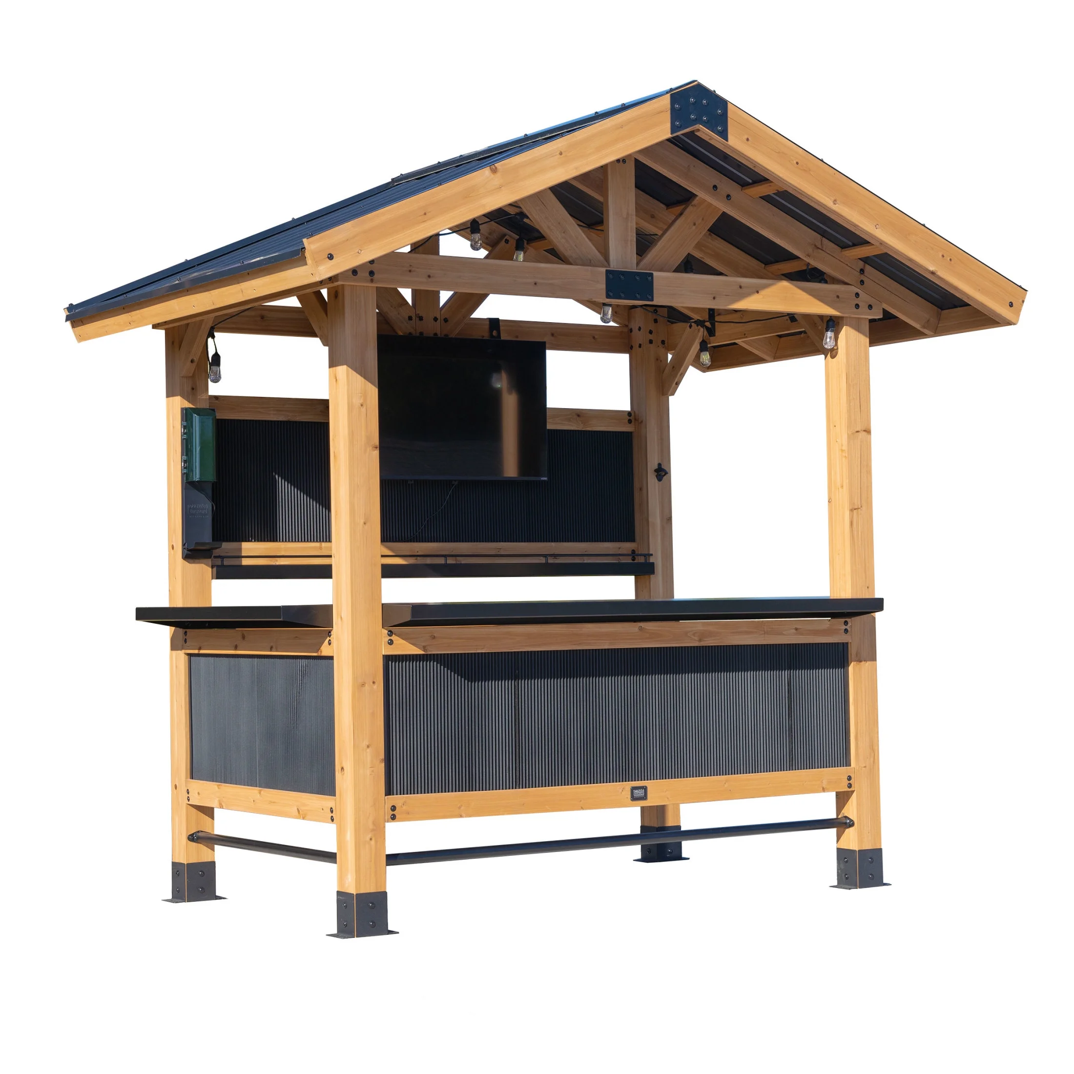 Backyard Discovery Palisade 9'X6' Cedar Wood Outdoor Bar, Galvanized Steel Roof, Bar Tops