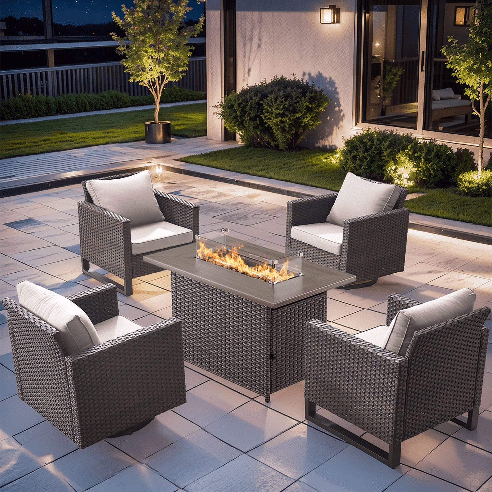Gymojoy 5 Pieces Outdoor Swivel Rocker Chairs Patio Furniture Set with Gas Fire Pit Table, Wicker Patio Conversation Fire Pit Table Set for Garden, Deck, Porch, Backyard, Beige